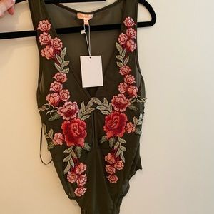 Rose Embroidered Bodysuit in Olive - NEW!